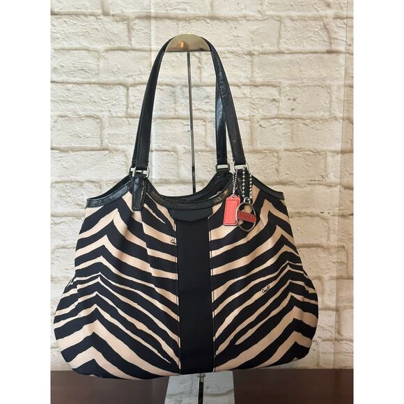 COACH SIGNATURE STRIPE BLACK ZEBRA PRINT SHOULDER BAG - Picture 1 of 16
